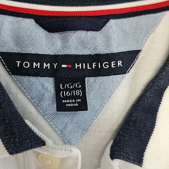TOMMY HILFIGER Big Boys Striped Collar Embroidered White Polo, Size L (16/18) - Picture 2 of 6